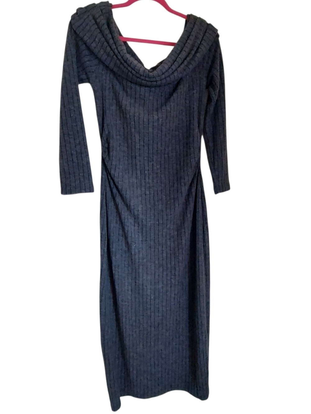 Cowl Neck Ribbed Ruched Knit Maxi Dress Back Slit - Gray